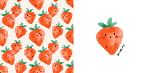 Watercolor berry seamless pattern. Cute cartoon character with eyes and smiles, strawberry. Childish nursery and textile decor. T-shirt print, wrapping paper, wallpaper design vector illustration