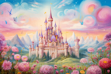 Princess Castle. Magic Pink Castle in the clouds. Fantasy world. Fairytale landscape. Cartoon Castle in the blue sky. Pink clouds. Flowers. Kingdom. Magic tower. Fairy city. Illustration for children