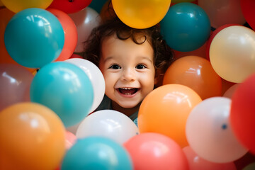 Little cute smiling toddler surrounded by lot of many colors balloons