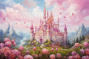 Princess Castle. Magic Pink Castle in the clouds. Fantasy world. Fairytale landscape. Cartoon Castle in the blue sky. Pink clouds. Flowers. Kingdom. Magic tower. Fairy city. Illustration for children