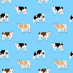 Cow pattern. Cute farm animals on blue background. Hand drawn funny contemporary drawing. Decor textile, wrapping paper, wallpaper design. Print for fabric. Cartoon flat vector illustration