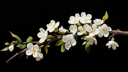 Fototapeta na wymiar Blooming white flowered branch with green foliage