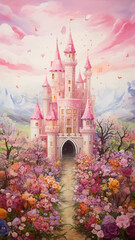 Princess Castle. Magic Pink Castle in the clouds. Fantasy world. Fairytale landscape. Cartoon Castle in the blue sky. Pink clouds. Flowers. Kingdom. Magic tower. Fairy city. Illustration for children