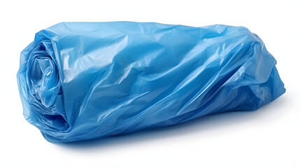 Blue crumpled plastic shopping grocery bag roll isolated on white background
