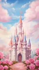 Princess Castle. Magic Pink Castle in the clouds. Fantasy world. Fairytale landscape. Cartoon Castle in the blue sky. Pink clouds. Flowers. Kingdom. Magic tower. Fairy city. Illustration for children