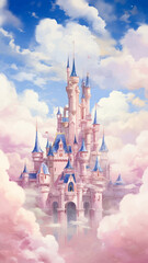Princess Castle. Magic Pink Castle in the clouds. Fantasy world. Fairytale landscape. Cartoon Castle in the blue sky. Pink clouds. Flowers. Kingdom. Magic tower. Fairy city. Illustration for children