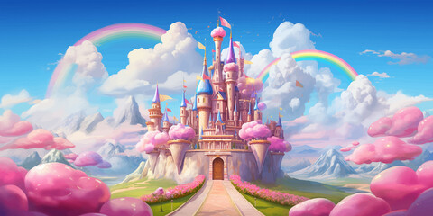 Princess Castle. Magic Pink Castle in the clouds. Fantasy world. Fairytale landscape. Cartoon Castle in the blue sky. Pink clouds. Flowers. Kingdom. Magic tower. Fairy city. Illustration for children