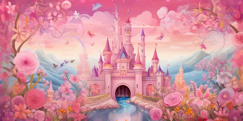 Foto op Aluminium Princess Castle. Magic Pink Castle in the clouds. Fantasy world. Fairytale landscape. Cartoon Castle in the blue sky. Pink clouds. Flowers. Kingdom. Magic tower. Fairy city. Illustration for children © Zakhariya