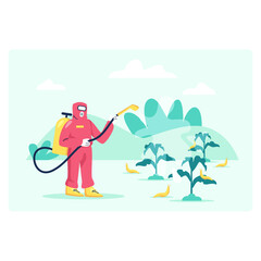 Male worker in full protection uniform holding sprayer and treats field with plants against slugs. Outside disinfection concept. Flat vector illustration in yellow and green colors in cartoon style