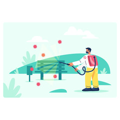 Worker performing protection against different viruses outside. Clean bench outside concept. Flat vector illustration in yellow and green colors in cartoon style