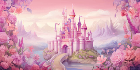 Princess Castle. Magic Pink Castle in the clouds. Fantasy world. Fairytale landscape. Cartoon Castle in the blue sky. Pink clouds. Flowers. Kingdom. Magic tower. Fairy city. Illustration for children