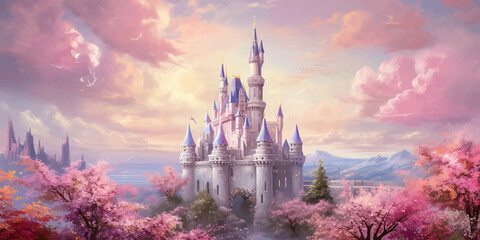Princess Castle. Magic Pink Castle in the clouds. Fantasy world. Fairytale landscape. Cartoon Castle in the blue sky. Pink clouds. Flowers. Kingdom. Magic tower. Fairy city. Illustration for children - obrazy, fototapety, plakaty