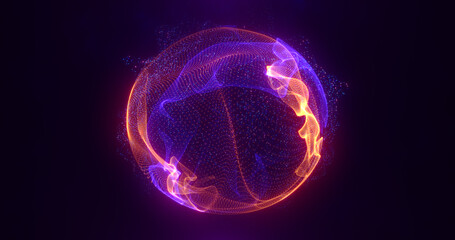 Abstract purple energy sphere of particles and waves of magical glowing on a dark background - obrazy, fototapety, plakaty