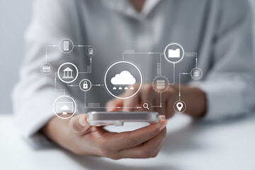 Cloud Computer technology and storage online for computer business network ideas connected to Internet server services for cloud transfer shown in the future Network of Data.