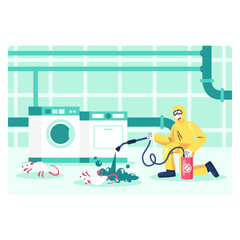 Man in protective uniform holding sprayer and treats surface in laundry with detergent and antimicrobial agent. Rodent protection concept. Flat vector illustration in cartoon style