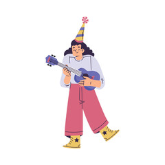Cute Girl at Happy Birthday Party in Cone Hat with Guitar Celebrating Holiday Vector Illustration