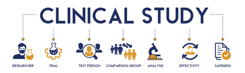 Clinical study banner website icons vector illustration concept of clinical trial research with an icons of researcher, trial, test person, comparison group, analysis, effective on white background