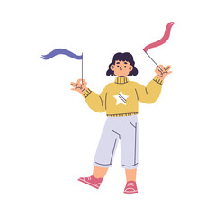 Cute Girl at Happy Birthday Party with Flags Celebrating Holiday Vector Illustration