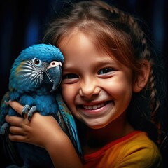 Little smiling girl holding a parrot