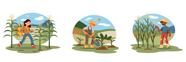 Set of different people working on plantation. Young lady carry bag with corn. Farmer holding shovel and digging ground, planting corn sprouts. Man checking corn plant. Vector flat illustration