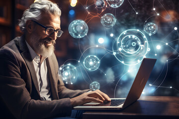 Senior man enters digital world on laptop ai generated art. 