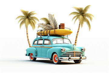Funny retro car with surfboards, suitcases and palms