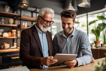 Old and young men wotks with tablet in office space ai generated art. 