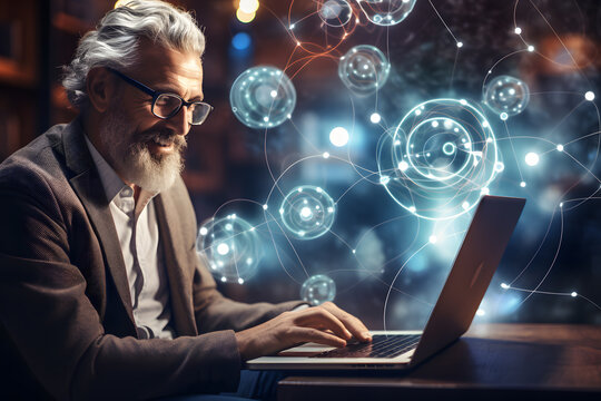 Senior man enters digital world on laptop ai generated art. 
