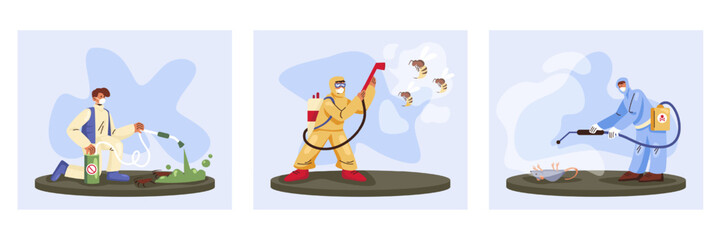 Male in protective uniform disinfects premises, treats surfaces with anti-cockroach agent. Man sprays air against bee. Worker cleans surface, cleaning room from rats and rodents. Flat vector