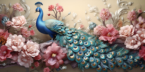 Home Wall Decor with Floral and Peacock Design
Peacock and Flower Pattern Wallpaper