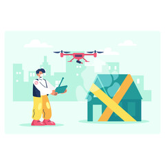 Young professional worker holding remote control and controlling drone. Spraying building from drone. Modern technology for disinfects. Flat vector illustration in green colors