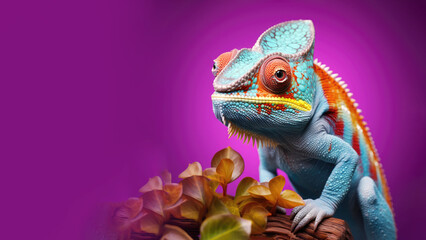 Fototapeta premium Colorful chameleon is crawling on a branch
