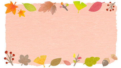 Japanese-style autumn botanical background frame, autumn leaves and ginkgo, hand-drawn illustrations of textured colored pencils and crayons / 和風な秋の植物の背景フレーム、紅葉やイチョウ、質感のある色鉛筆・クレヨンの手描きイラスト