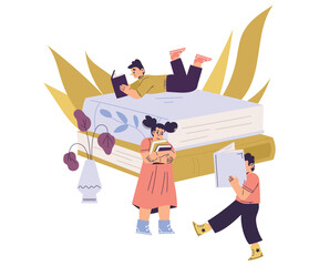 Children with Books Reading Interested with Story Vector Illustration