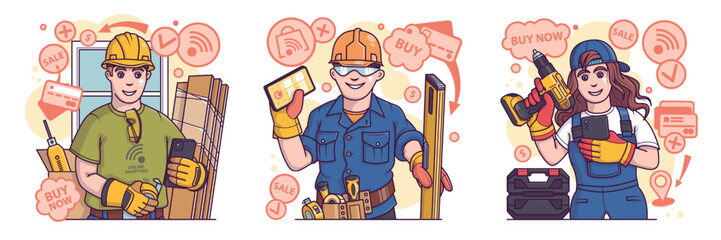 Set of smiling construction workers in uniform buying goods on internet via smartphone. Collection of tools for repair. Shopping online and delivery. Flat vector illustration in cartoon style