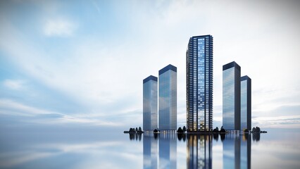 High Building Center with Blue Sky Reflection,3d Rendering with Empty Space.