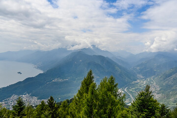 Cardada, Hausberg, Aussicht, Locarno, Maggiatal, Maggia, Fluss, Lago Maggiore, See, Maggia-Delta, Mündung, Flussmündung,  Ascona, Brissago, Inseln, Sommer, Tessin, Schweiz