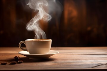 Hot coffee on wooden table and steam going out, Blank space beside coffee