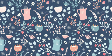 Hygge Autumn and winter pattern border design. Cute and cosy vector seamless repeat banner.