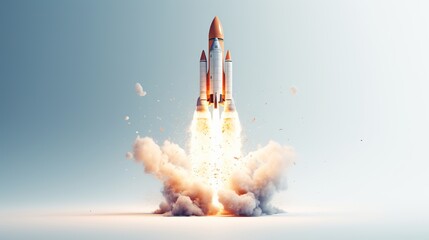 Dynamic 3D Rocket Launch Illustration on a Clean White Background