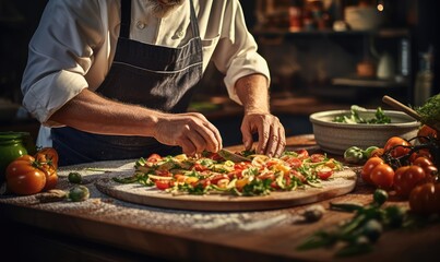 hands of a chef chopping food with a knife . Generative AI
