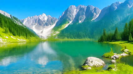 Majestic mountain lake in national park high tatra background and wallpaper 1. generative ai