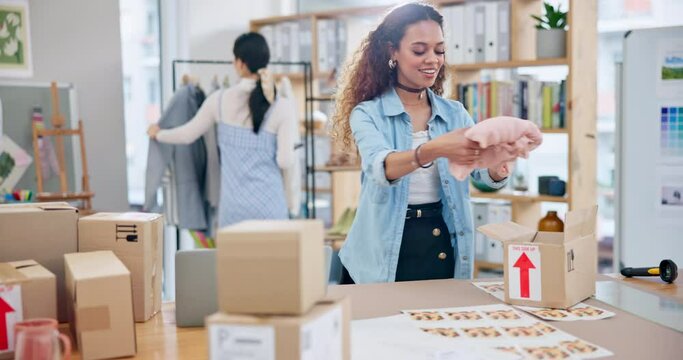 Small business, clothes and a woman with order box or logistics for fashion delivery or online store. Young entrepreneur person or startup company owner for e commerce, parcel or packaging of product