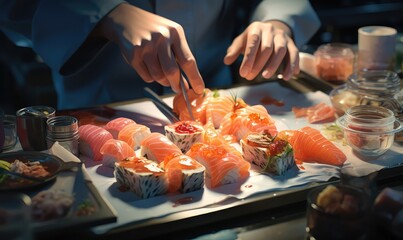 close up of hands of a chef preparing sushi . Generative AI