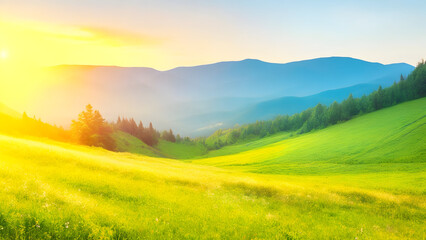 Fototapeta premium Mountain valley during sunrise. Natural summer landscape. background, wallpaper 1. generative AI