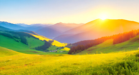 Mountain valley during sunrise. Natural summer landscape. background, wallpaper 9. generative AI