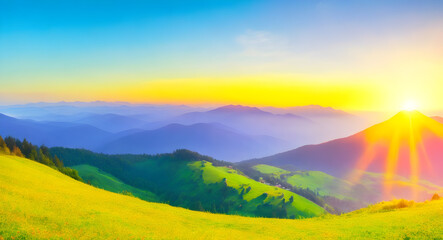 Mountain valley during sunrise. Natural summer landscape. background, wallpaper 15. generative AI