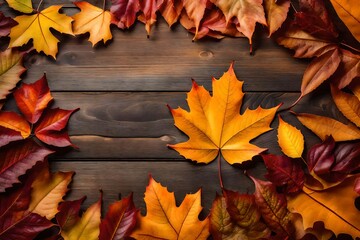Autumn leaves circle on wooden background with copy space