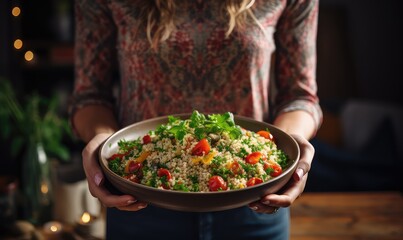 Hands holding a plate of delicious quinoa salad . Generative AI