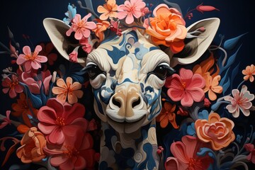 An oil painting of Giraffe with flowers Generative AI.